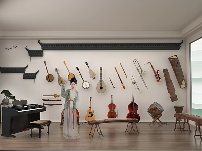 Traditional Chinese Musical Instruments and Art Supplies Wall Display in Elegant Interior 3d model
