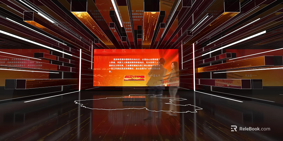 Modern Exhibition Hall Interior With Large Red Screen And Decorative Lighting 3d model 