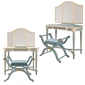 Elegant Dressing Table with Tri Fold Mirror Gold Carved Details and Light Blue Upholstered Stool