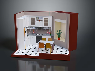 Cartoon Kitchen Scene With Cabinets Refrigerator Dining Table Chairs And Plant 3d model