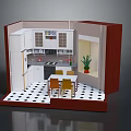 Cartoon Kitchen Scene With Cabinets Refrigerator Dining Table Chairs And Plant