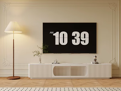 Modern White TV Stand With Flat Screen TV Small Plant And Decorative Wall 3d model