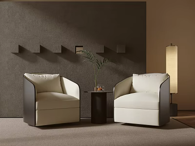 Modern Cozy Lounge Area With Beige Armchairs Dark Wall Shelves And Floor Lamp 3d model