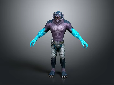 Mythical Game Movie Character With Wolf Head Purple Torso And Blue Glowing Arms 3d model