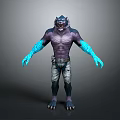 Mythical Game Movie Character With Wolf Head Purple Torso And Blue Glowing Arms