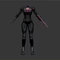 Futuristic Armored Bio Character With Black Armor Purple Glowing Details And Weapon