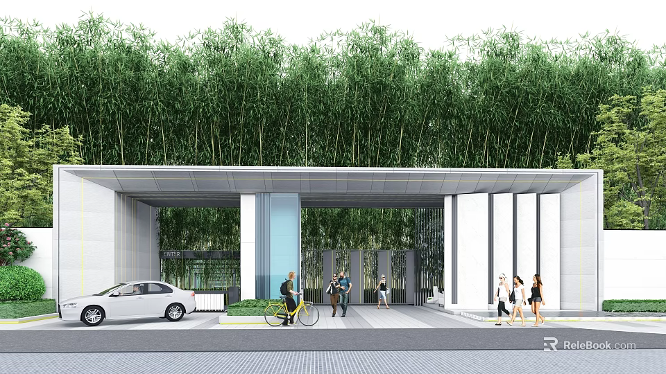 Modern Entrance Gate Structure With Bamboo Trees Glass Elements Parked Car And Pedestrians 3d model 