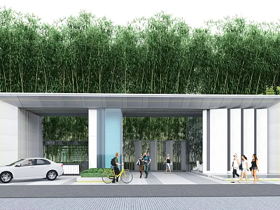 Modern Entrance Gate Structure With Bamboo Trees Glass Elements Parked Car And Pedestrians 3d model