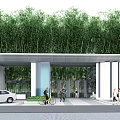 Modern Entrance Gate Structure With Bamboo Trees Glass Elements Parked Car And Pedestrians