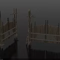 Ancient Wooden Gates With Pointed Top Decorations And Crossed Slat Structure On Black Background