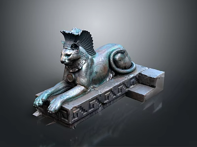 Winged Lioness Cat Shaped Bronze Colored Sculpture Carving With Intricate Pedestal Details 3d model