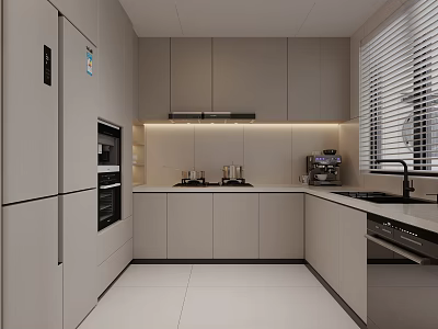 Modern Kitchen Interior With Light Colored Cabinets Built In Appliances And Blinds 3d model