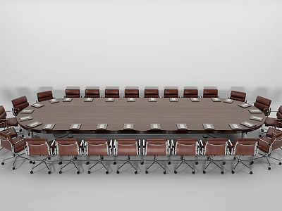 Spacious Conference Room Layout With Large Oval Wooden Table And Brown Chairs 3d model