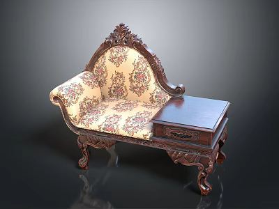 Classical Carved Wooden Chaise Lounge With Floral Upholstery And Side Table 3d model
