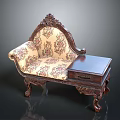 Classical Carved Wooden Chaise Lounge With Floral Upholstery And Side Table
