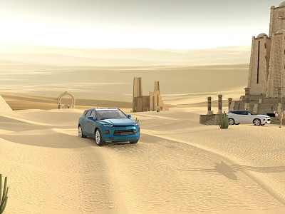 Desert Landscape With Blue Car White Car Ancient Ruins And Cactus 3d model