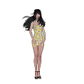 Woman Wearing Yellow Floral Bodycon Dress And Black High Heels In Three Views