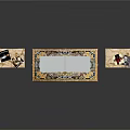 Golden Carved Console Table With Electronic Devices And Side Cabinets On Both Sides