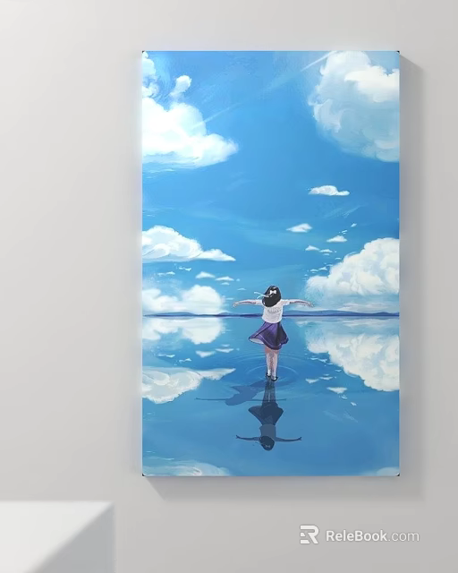 Game Movie Character Girl With Back View Open Arms Under Blue Sky On Reflective Water 3d model 