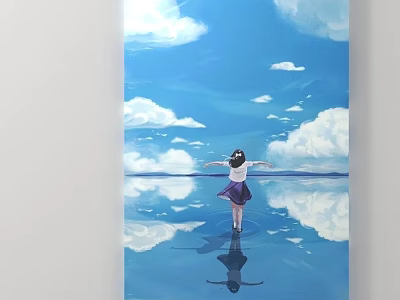 Game Movie Character Girl With Back View Open Arms Under Blue Sky On Reflective Water 3d model