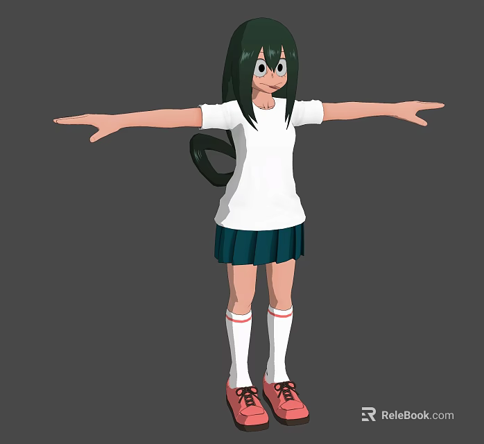 Game Character With Green Hair White T-shirt Green Pleated Skirt Red Shoes Arms Outstretched 3d model 