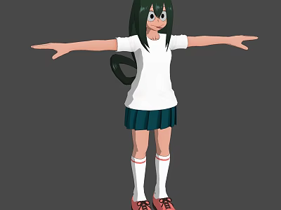 Game Character With Green Hair White T-shirt Green Pleated Skirt Red Shoes Arms Outstretched 3d model