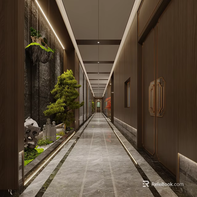 Modern Office Corridor With Dark Walls Marble Flooring Green Plants And Ceiling Light Strips 3d model 
