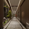 Modern Office Corridor With Dark Walls Marble Flooring Green Plants And Ceiling Light Strips