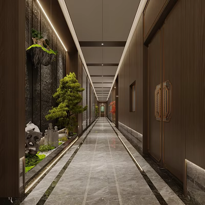 Modern Office Corridor With Dark Walls Marble Flooring Green Plants And Ceiling Light Strips 3d model