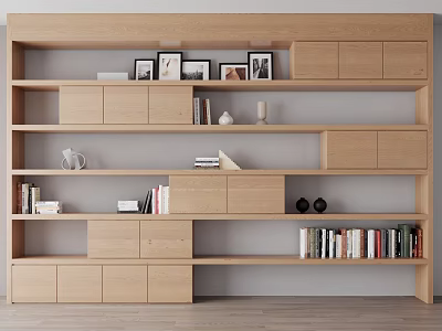 Wooden Bookshelf Modern Open Shelf Design With Books And Decorative Items For Home Library 3d model