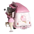 Pink Ice Cream Truck with Display Window Ice Cream Cone Model and Small Stool