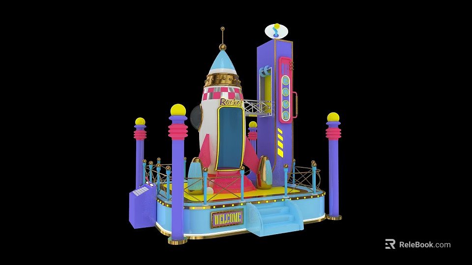 Vibrant Rocket Shaped Art Installation With Colorful Pillars Platform And Dreamland Sign 3d model 