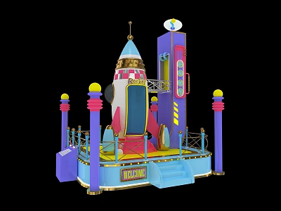 Vibrant Rocket Shaped Art Installation With Colorful Pillars Platform And Dreamland Sign 3d model