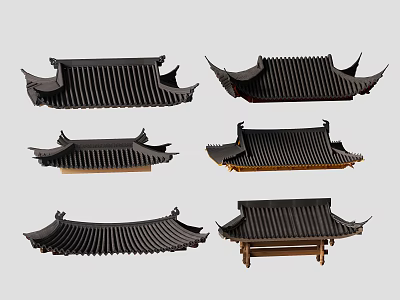 Traditional Chinese Black Roof Components With Curved Eaves And Tile Structure 3d model