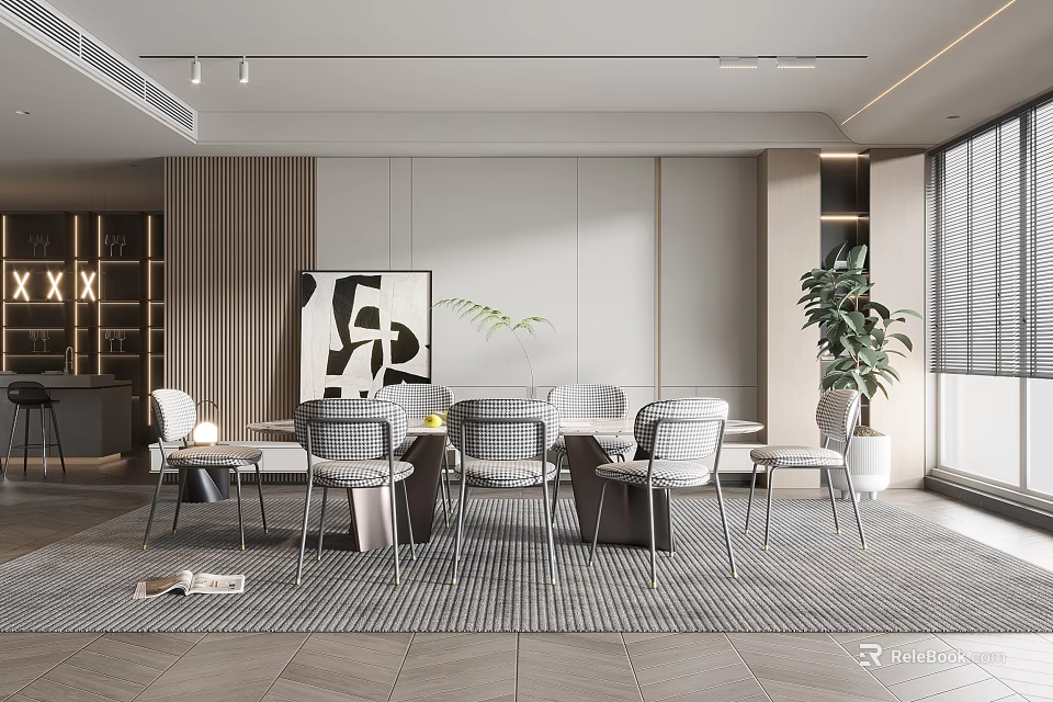 Modern Restaurant Interior With Dining Table Chairs Abstract Painting And Potted Plant 3d model 