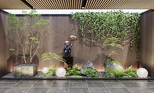 Modern Landscape Sketch Courtyard Plant Sketch Plant Landscape Moss Stone Sculpture Sketch Moon Landscape Lamp Fern Plant Creeper Green Plant 3d model