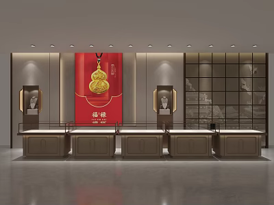 Elegant Jewelry Store Interior Design With Red Backdrop Gold Pendant And Display Counters Lighting 3d model