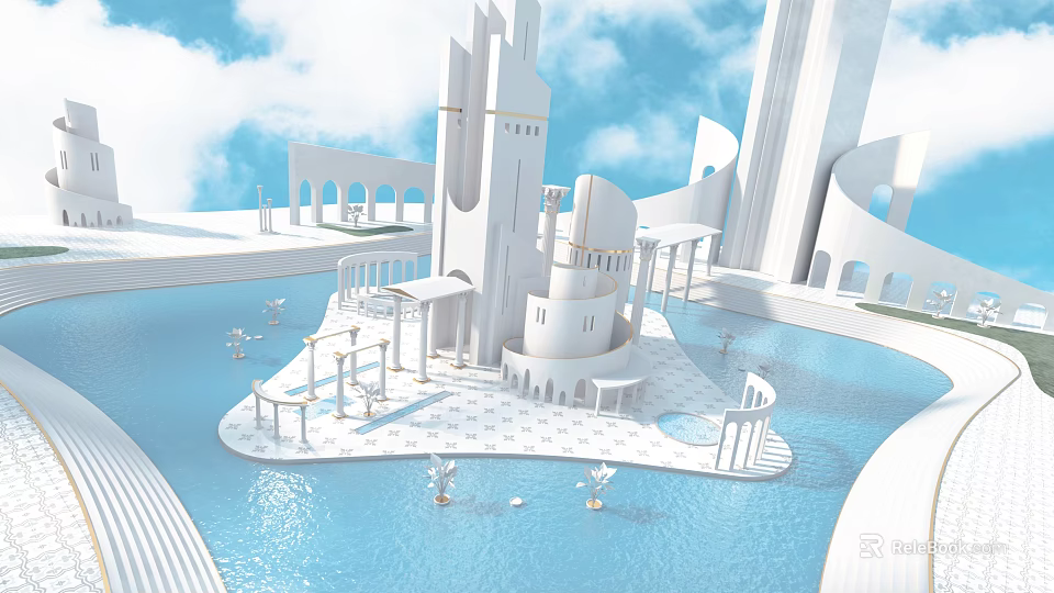 Whimsical Cartoon Scene With White Fantasy Buildings Blue Water Columns Statues And Cloudy Sky 3d model 