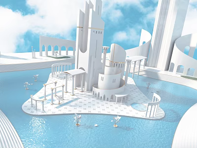 Whimsical Cartoon Scene With White Fantasy Buildings Blue Water Columns Statues And Cloudy Sky 3d model