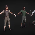 Three Male Worker Characters In Different Outfits With Tools And Wooden Box