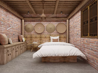 Rustic Bedroom Interior With Red Brick Walls Wooden Ceiling White Bed Linens And Woven Decor 3d model