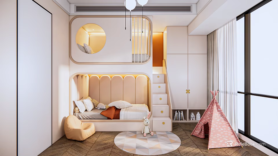 Cozy Modern Kids Room With Bed Storage Steps Pink Teepee Tent Round Rug And Sofa 3d model 