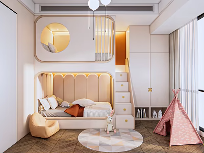 Cozy Modern Kids Room With Bed Storage Steps Pink Teepee Tent Round Rug And Sofa 3d model