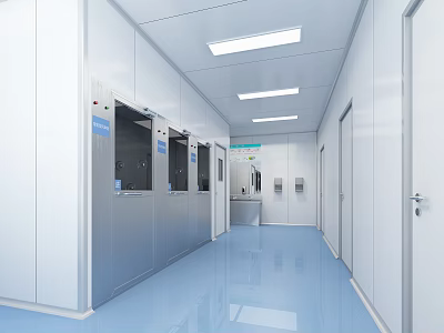 Clean Laboratory Corridor With White Walls Ceiling Lights Stainless Steel Equipment And Blue Floor 3d model