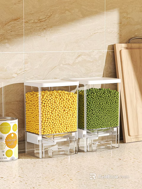 Transparent Kitchen Storage Containers Filled With Yellow And Green Beans And Wooden Cutting Board 3d model 