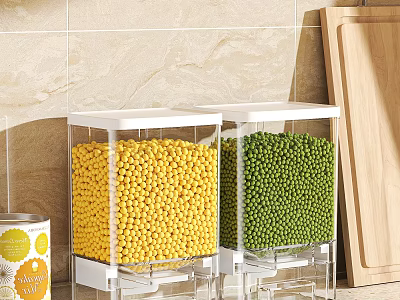 Transparent Kitchen Storage Containers Filled With Yellow And Green Beans And Wooden Cutting Board 3d model