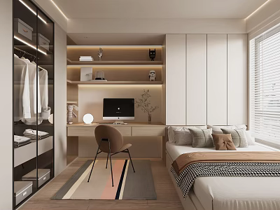 Tatami Bedroom Interior with Open Wardrobe Desk Computer Table Lamp Bookshelf Window Blinds and Rug 3d model