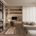 Tatami Bedroom Interior with Open Wardrobe Desk Computer Table Lamp Bookshelf Window Blinds and Rug
