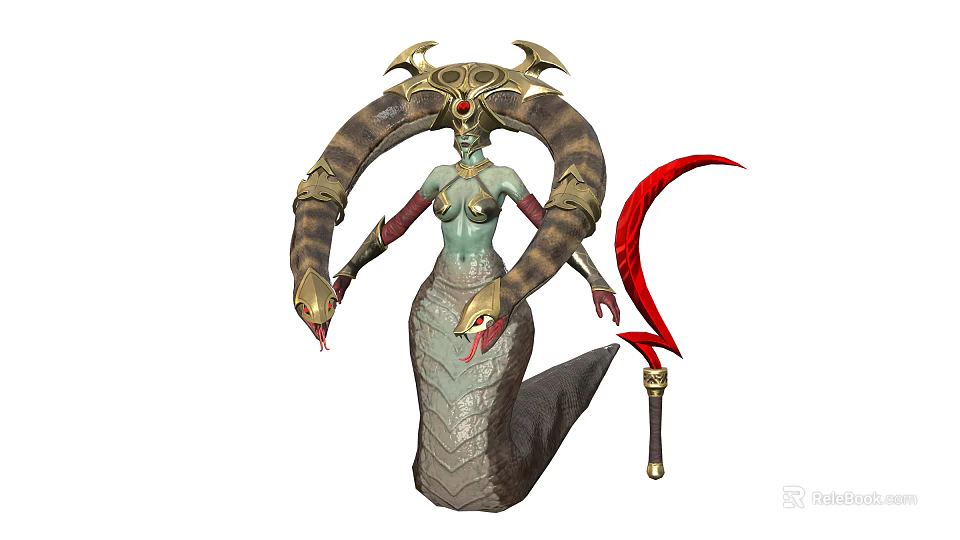 Mythical Serpentine Creature With Snake Head Arms Golden Headdress Green Scales And Red Scythe Weapon 3d model 