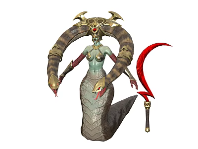 Mythical Serpentine Creature With Snake Head Arms Golden Headdress Green Scales And Red Scythe Weapon 3d model